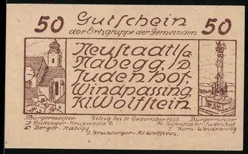 Notgeld Neustadtl 1920, 50 Heller, Kirche und Säule, gültig bis 31. Dezember 1920