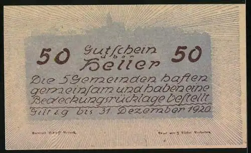 Notgeld Neustadtl 1920, 50 Heller, Kirche und Säule, gültig bis 31. Dezember 1920