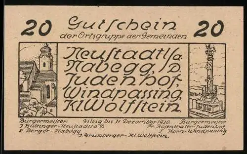 Notgeld Neustadtl 1920, 20 Heller, Kirchenmotiv und Säule, gültig bis 31. Dezember 1920