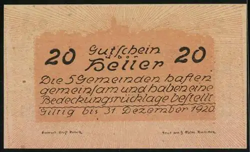 Notgeld Neustadtl 1920, 20 Heller, Kirchenmotiv und Säule, gültig bis 31. Dezember 1920