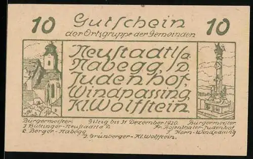 Notgeld Neustadtl 1920, 10 Heller, Gemeindenamen und Landschaftsmotive