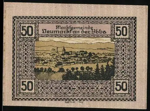 Notgeld Neumarkt an der Ybbs 1920, 50 Heller, Stadtansicht und kunstvolles Muster