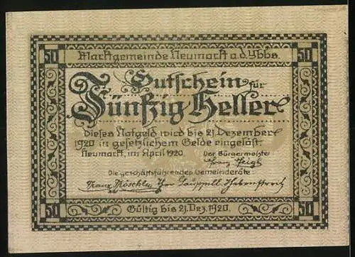 Notgeld Neumarkt an der Ybbs 1920, 50 Heller, Stadtansicht und kunstvolles Muster