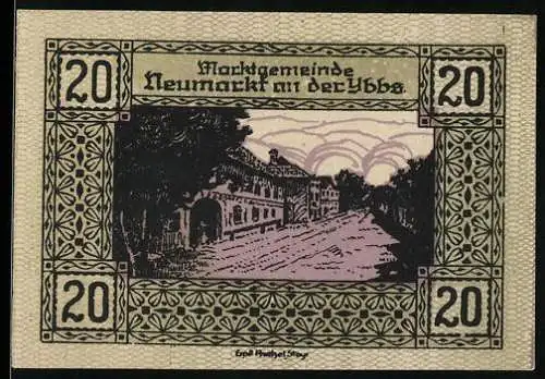 Notgeld Neumarkt an der Ybbs 1920, 20 Heller, Landschaft mit Gebäuden, Ornamentumrandung