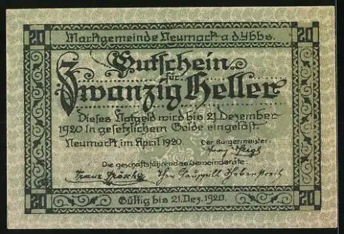 Notgeld Neumarkt an der Ybbs 1920, 20 Heller, Landschaft mit Gebäuden, Ornamentumrandung