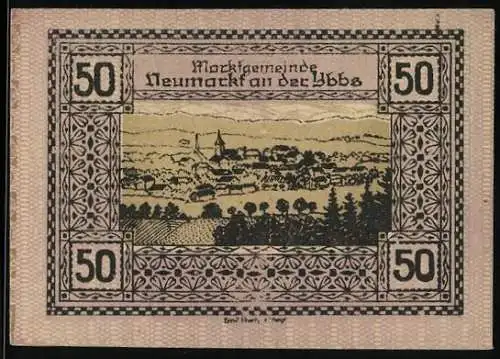 Notgeld Neumarkt an der Ybbs 1920, 50 Heller, Stadtansicht mit Ornamentrahmen