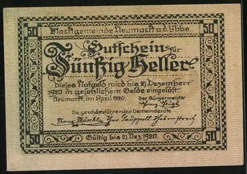 Notgeld Neumarkt an der Ybbs 1920, 50 Heller, Stadtansicht mit Ornamentrahmen