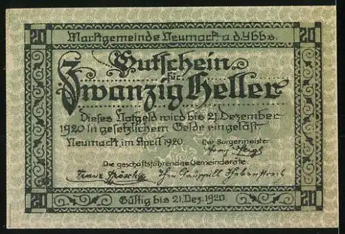 Notgeld Neumarkt an der Ybbs 1920, 20 Heller, Strassenansicht mit historischen Gebäuden