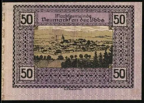 Notgeld Neumarkt an der Ybbs 1920, 50 Heller, Landschaftsansicht mit Marktgemeinde und Dekorrahmen