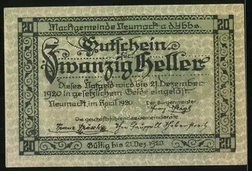 Notgeld Neumarkt an der Ybbs 1920, 20 Heller, Strassenszene mit dekorativem Muster