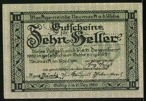 Notgeld Neumarkt an der Ybbs 1920, 10 Heller, Stadtansicht und kunstvolle Schriftzüge