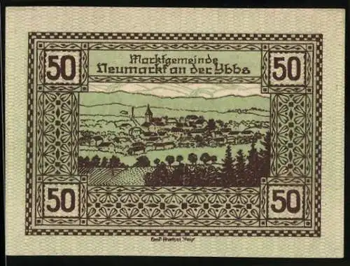 Notgeld Neumarkt an der Ybbs 1920, 50 Heller, Landschaftspanorama und dekorativer Rahmen