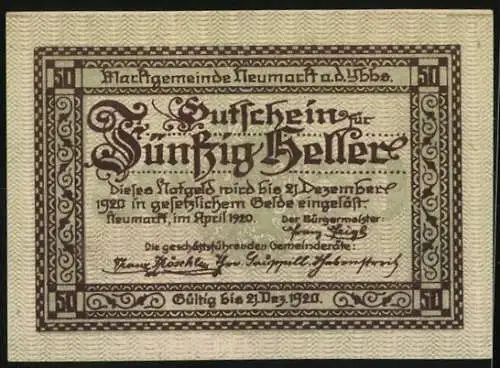 Notgeld Neumarkt an der Ybbs 1920, 50 Heller, Landschaftspanorama und dekorativer Rahmen