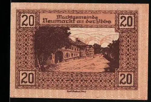 Notgeld Neumarkt an der Ybbs 1920, 20 Heller, Strasse mit Gebäuden und Ornamentmuster