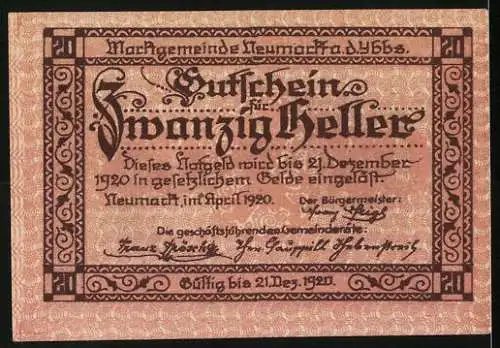 Notgeld Neumarkt an der Ybbs 1920, 20 Heller, Strasse mit Gebäuden und Ornamentmuster