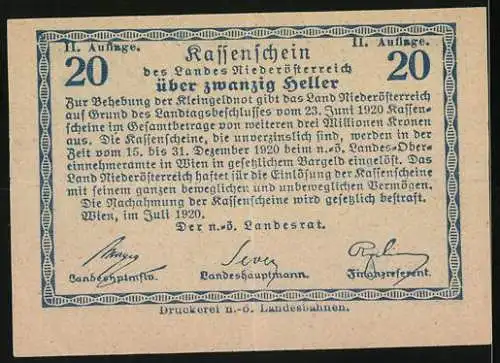 Notgeld Wien / Land Niederösterreich 1920, 20 Heller, Landschaft mit Pferdekutsche im Wald