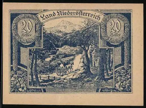 Notgeld Wien / Land Niederösterreich 1920, 20 Heller, Landschaft mit Kutsche und Waldweg, Landessignet