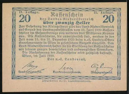 Notgeld Wien / Land Niederösterreich 1920, 20 Heller, Landschaft mit Kutsche und Waldweg, Landessignet