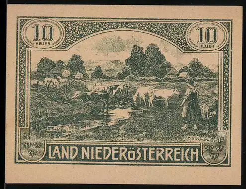 Notgeld Wien / Land Niederösterreich 1920, 10 Heller, ländliche Szene mit Kühen und Bäuerin