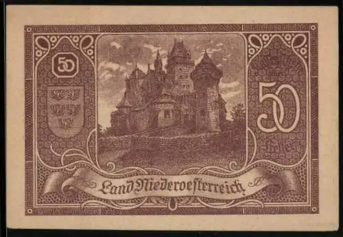 Notgeld Wien / Land Niederösterreich 1920, 50 Heller, Burgmotiv mit Wappen und dekorativem Rahmen