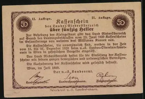 Notgeld Wien / Land Niederösterreich 1920, 50 Heller, Burgmotiv mit Wappen und dekorativem Rahmen