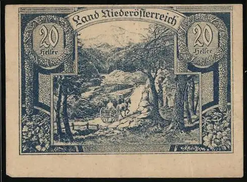 Notgeld Wien / Land Niederösterreich 1920, 20 Heller, ländliche Szene mit Pferdekarren und Gebirgslandschaft