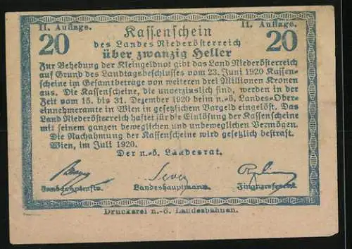 Notgeld Wien / Land Niederösterreich 1920, 20 Heller, ländliche Szene mit Pferdekarren und Gebirgslandschaft