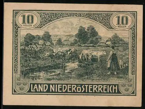 Notgeld Wien / Land Niederösterreich 1920, 10 Heller, ländliche Szene mit Kühen und Bauernschaft