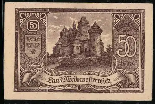 Notgeld Wien / Land Niederösterreich 1920, 50 Heller, Burgmotiv, Wappen, Serie II. Ausgabe