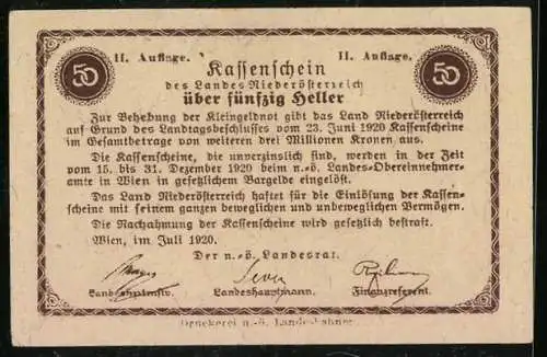 Notgeld Wien / Land Niederösterreich 1920, 50 Heller, Burgmotiv, Wappen, Serie II. Ausgabe
