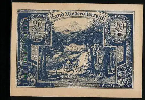 Notgeld Wien / Land Niederösterreich 1920, 20 Heller, Landschaft mit Fuhrwerk und Gebirge im Hintergrund