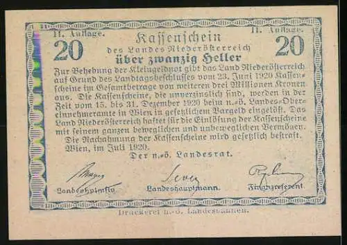 Notgeld Wien / Land Niederösterreich 1920, 20 Heller, Landschaft mit Fuhrwerk und Gebirge im Hintergrund