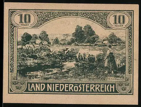 Notgeld Wien / Land Niederösterreich 1920, 10 Heller, ländliche Szene mit Kühen und Bäuerin