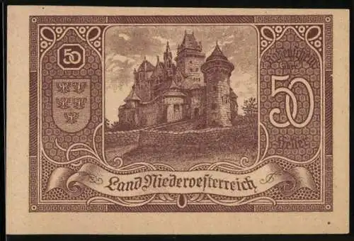 Notgeld Wien / Land Niederösterreich 1920, 50 Heller, Burgmotiv mit Wappen, Kassenschein des Landes Niederösterreich