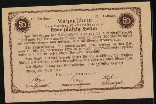 Notgeld Wien / Land Niederösterreich 1920, 50 Heller, Burgmotiv mit Wappen, Kassenschein des Landes Niederösterreich