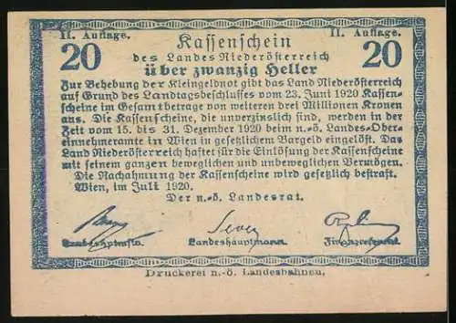 Notgeld Wien / Land Niederösterreich 1920, 20 Heller, Landschaft mit Pferdekarren und Textpassage