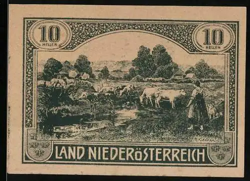 Notgeld Wien / Land Niederösterreich 1920, 10 Heller, ländliche Szene mit Kühen und Hirte