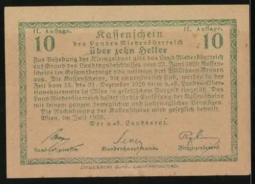 Notgeld Wien / Land Niederösterreich 1920, 10 Heller, ländliche Szene mit Kühen und Hirte