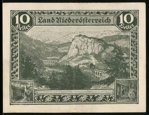 Notgeld Wien / Land Niederösterreich 1920, 10 Heller, Landschaftsansicht mit Viadukt und Bergformationen