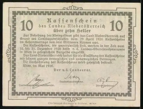 Notgeld Wien / Land Niederösterreich 1920, 10 Heller, Landschaftsansicht mit Viadukt und Bergformationen