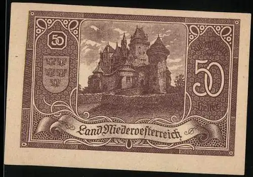 Notgeld Wien / Land Niederösterreich 1920, 50 Heller, Burgmotiv mit Wappen und Schriftrolle