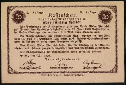 Notgeld Wien / Land Niederösterreich 1920, 50 Heller, Burgmotiv mit Wappen und Schriftrolle