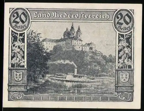 Notgeld Wien / Land Niederösterreich 1920, 20 Heller, Dampfschiff vor Stift Melk, Wappen, Seriennummer