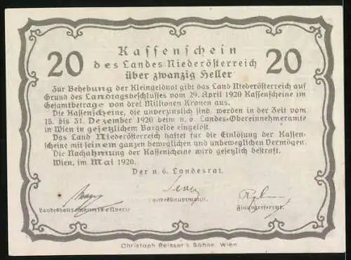 Notgeld Wien / Land Niederösterreich 1920, 20 Heller, Dampfschiff vor Stift Melk, Wappen, Seriennummer