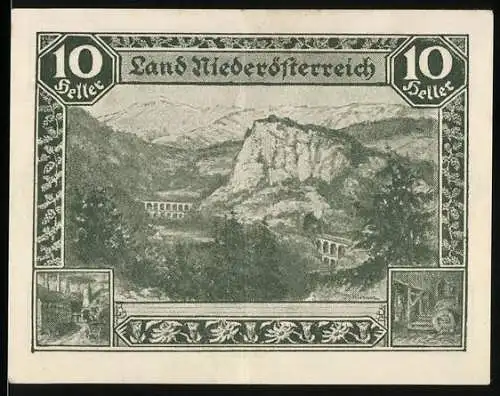 Notgeld Wien / Land Niederösterreich 1920, 10 Heller, Landschaft mit Viadukt und Bergszene