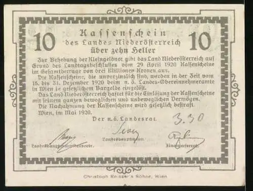 Notgeld Wien / Land Niederösterreich 1920, 10 Heller, Landschaft mit Viadukt und Bergszene