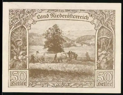 Notgeld Wien / Land Niederösterreich 1920, 50 Heller, ländliche Pflugszene mit Pferden und Landschaft