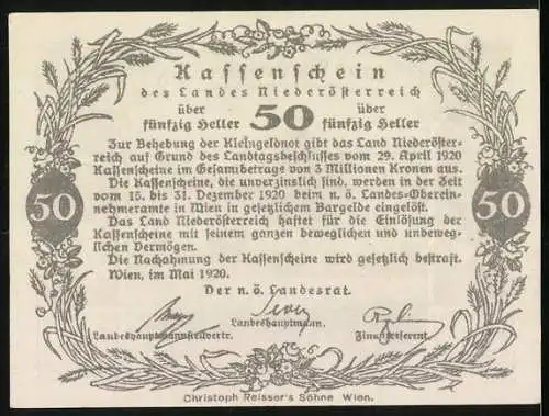 Notgeld Wien / Land Niederösterreich 1920, 50 Heller, ländliche Pflugszene mit Pferden und Landschaft