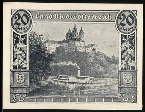 Notgeld Wien / Land Niederösterreich 1920, 20 Heller, Dampfschiff und Klosteransicht