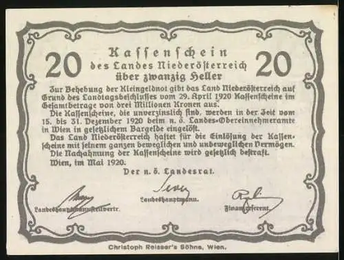 Notgeld Wien / Land Niederösterreich 1920, 20 Heller, Dampfschiff und Klosteransicht